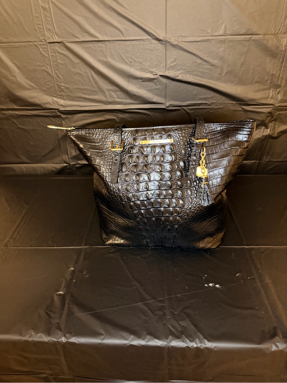 Brahmin Black Croc-Embossed Tote with Gold Hardware
